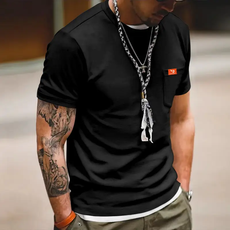 Men Gray T-Shirt with Black Flag Patch Short Sleeve — feature 24