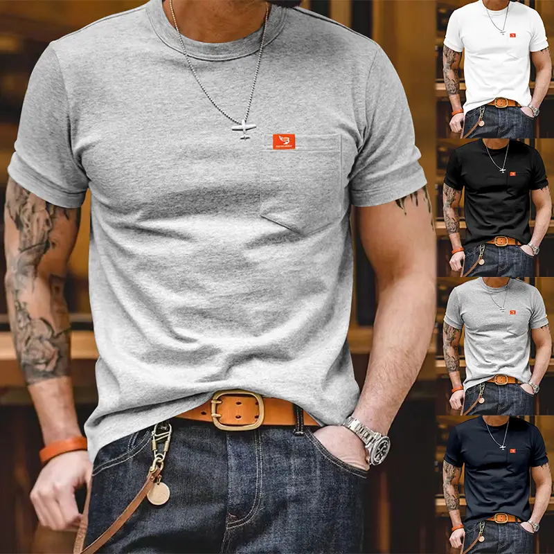 Men Gray T-Shirt with Black Flag Patch Short Sleeve — feature 3