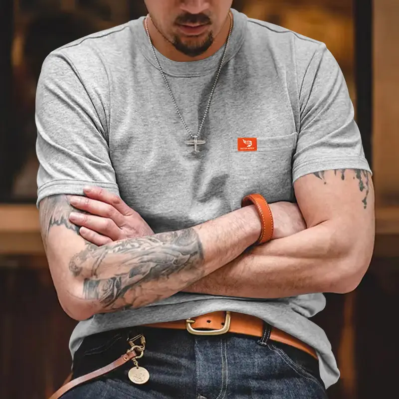 Men Gray T-Shirt with Black Flag Patch Short Sleeve — feature 32