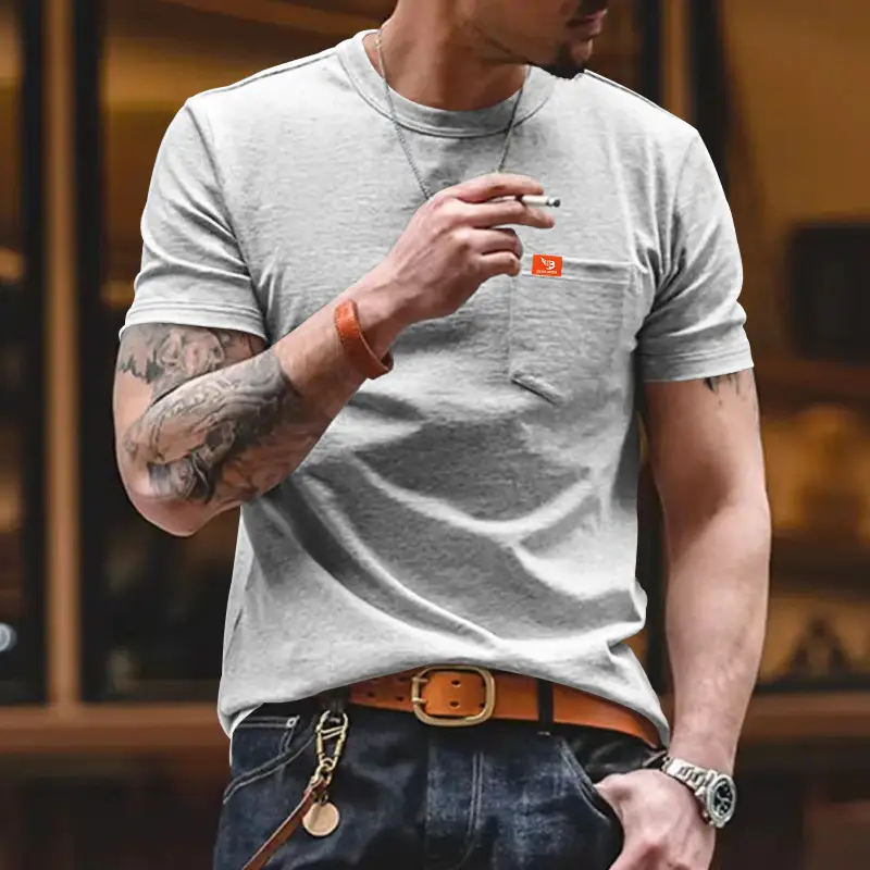 Men Gray T-Shirt with Black Flag Patch Short Sleeve — feature 33