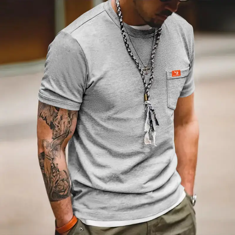 Men Gray T-Shirt with Black Flag Patch Short Sleeve — feature 34