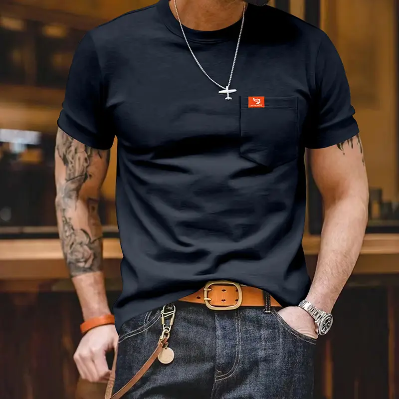 Men Gray T-Shirt with Black Flag Patch Short Sleeve - Image 2
