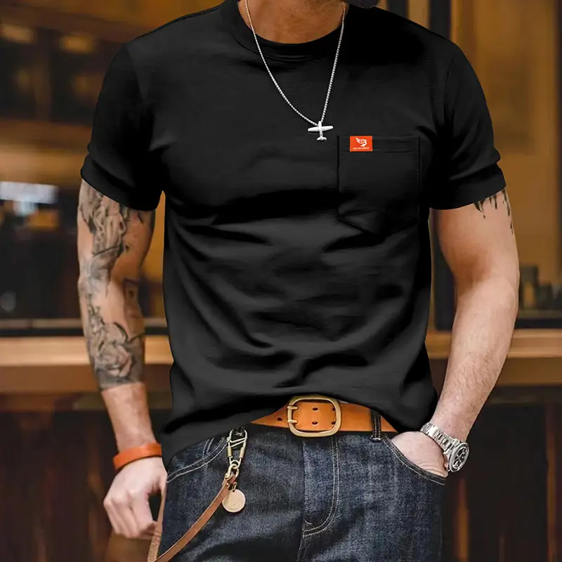Men Gray T-Shirt with Black Flag Patch Short Sleeve - Image 3