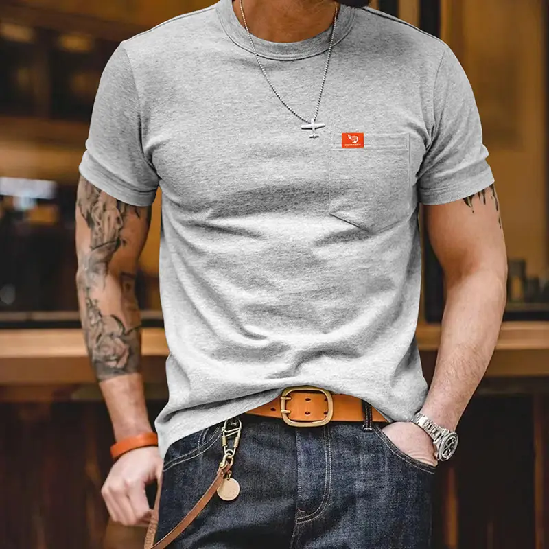 Men Gray T-Shirt with Black Flag Patch Short Sleeve - Image 4