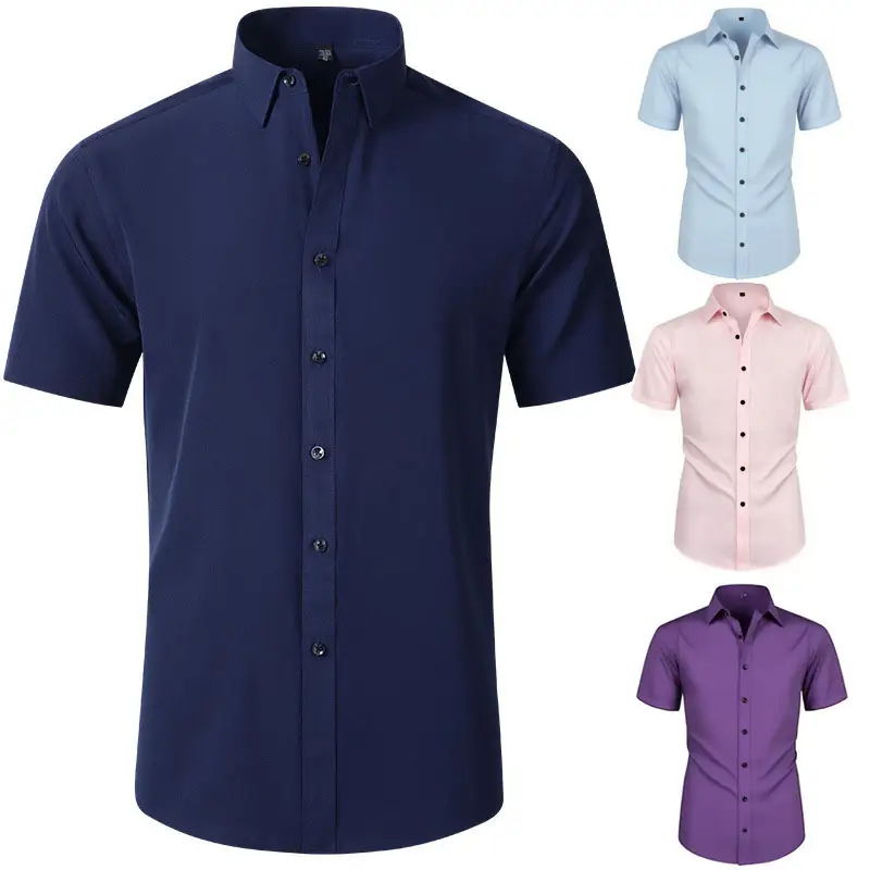 Men Light Purple Button Short Sleeve Shirt - Image 14