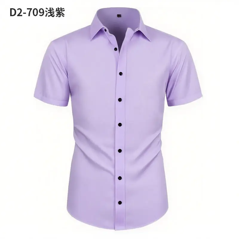 Men Light Purple Button Short Sleeve Shirt - Image 16