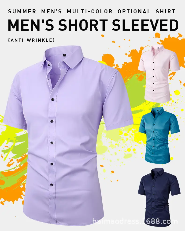 Men Light Purple Button Short Sleeve Shirt — feature 10