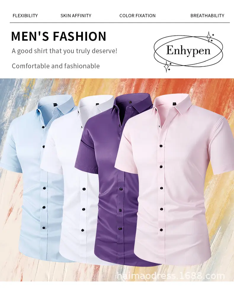 Men Light Purple Button Short Sleeve Shirt — feature 11