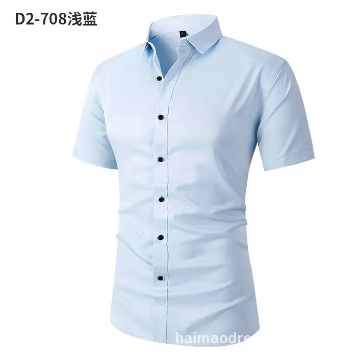 Men Light Purple Button Short Sleeve Shirt - Image 3