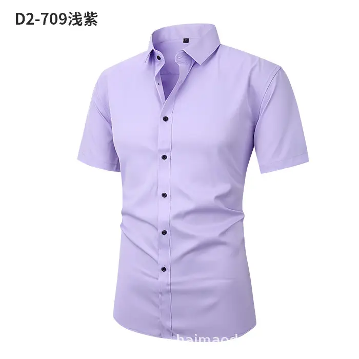 Men Light Purple Button Short Sleeve Shirt - Image 4