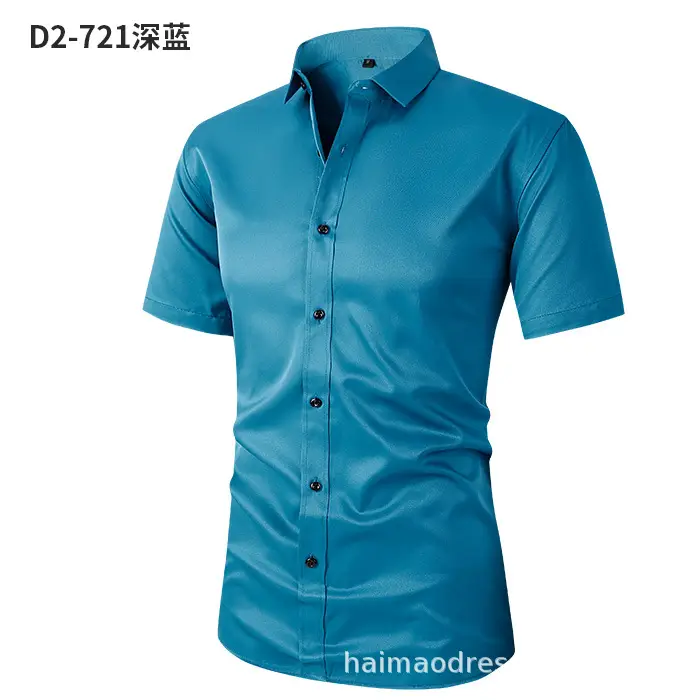 Men Light Purple Button Short Sleeve Shirt - Image 8