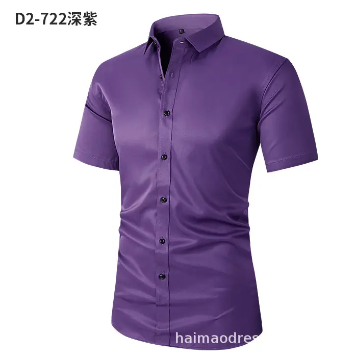 Men Light Purple Button Short Sleeve Shirt - Image 9