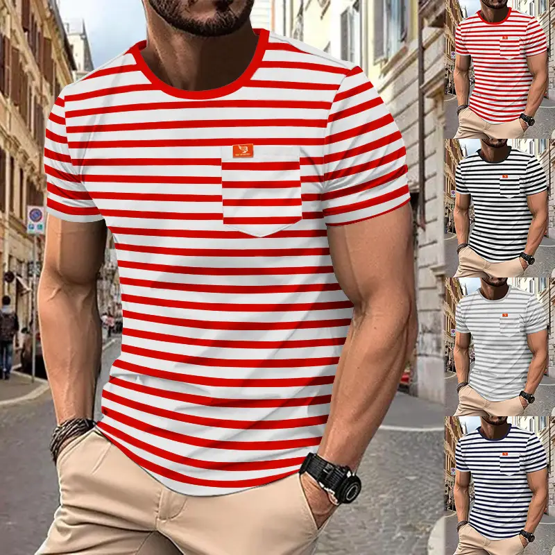 Men Striped Short Sleeve T-Shirt Round Neck Plus Size — feature 2