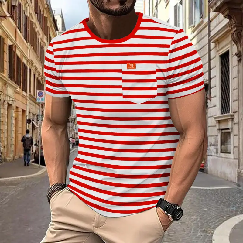 Men Striped Short Sleeve T-Shirt Round Neck Plus Size — feature 22