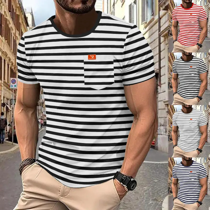 Men Striped Short Sleeve T-Shirt Round Neck Plus Size — feature 3