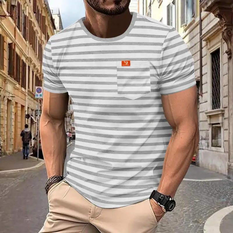 Men Striped Short Sleeve T-Shirt Round Neck Plus Size — feature 30