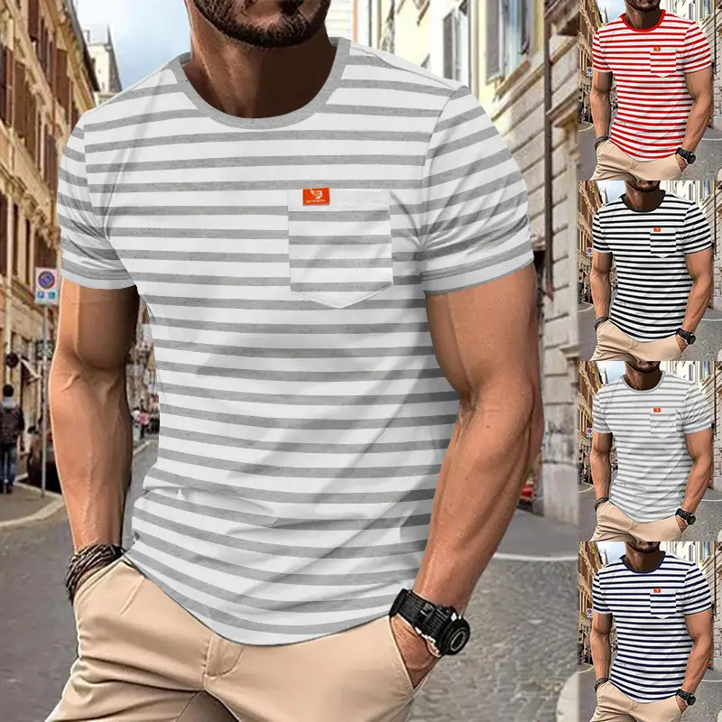 Men Striped Short Sleeve T-Shirt Round Neck Plus Size — feature 4