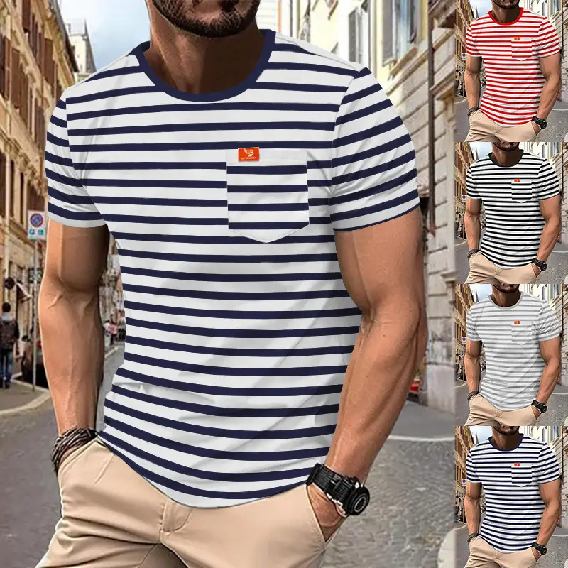 Men Striped Short Sleeve T-Shirt Round Neck Plus Size — feature 5