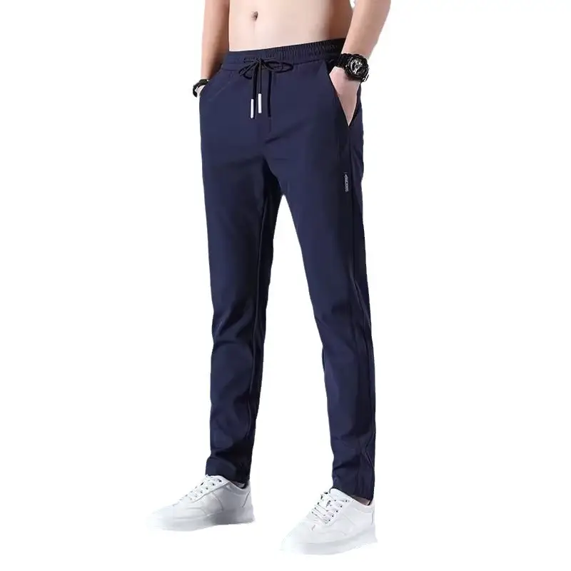 Men's Ice Silk Slim Straight Pants Navy Blue - Image 10