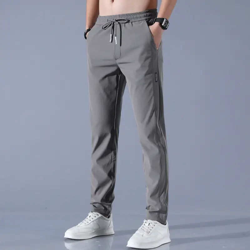 Men's Ice Silk Slim Straight Pants Navy Blue - Image 3