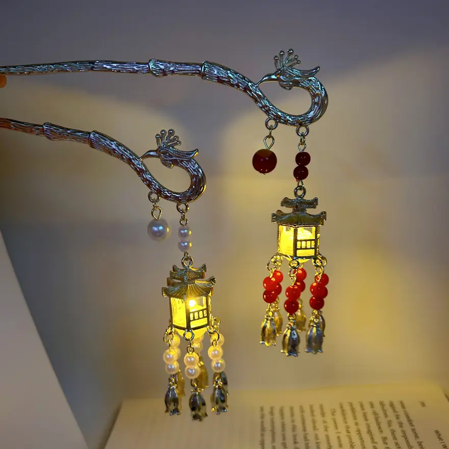 Ancient Glowing Lantern Hairpin with Red Tassels for Women - Image 4