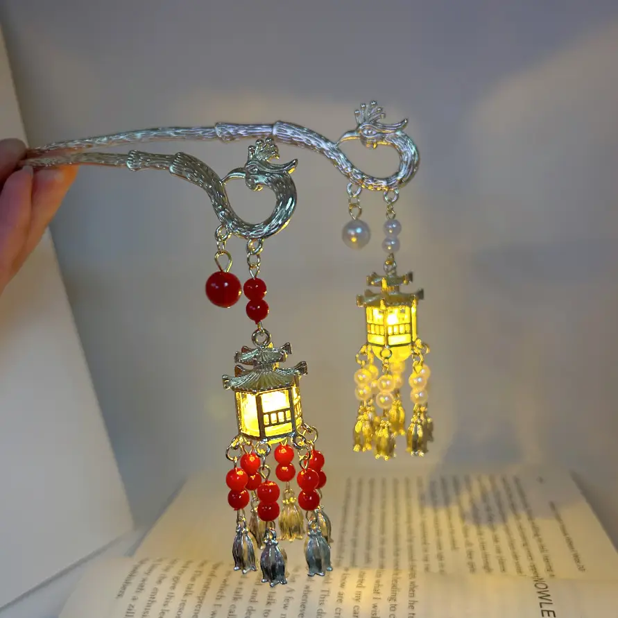 Ancient Glowing Lantern Hairpin with Red Tassels for Women - Image 5