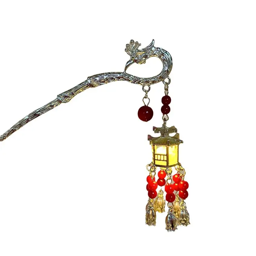 Ancient Glowing Lantern Hairpin with Red Tassels for Women - Image 7