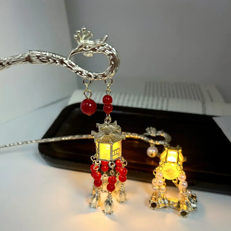 Ancient Glowing Lantern Hairpin with Red Tassels for Women — feature 1