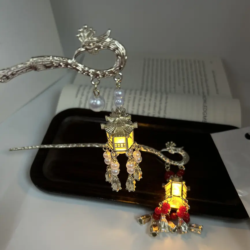 Ancient Glowing Lantern Hairpin with Red Tassels for Women — feature 7