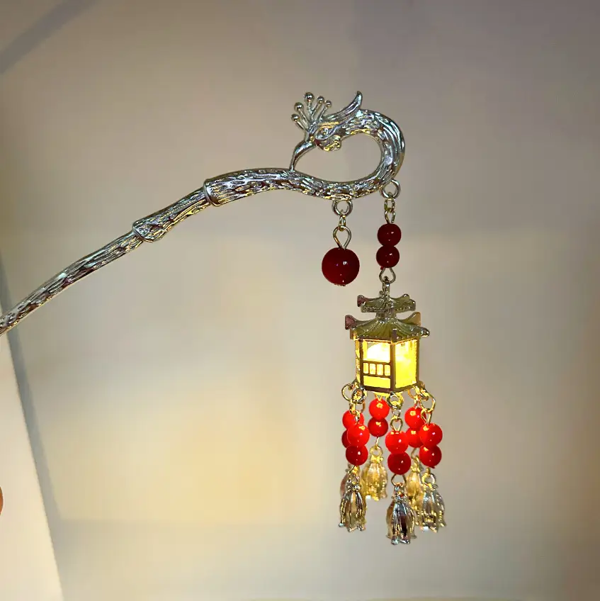 Ancient Glowing Lantern Hairpin with Red Tassels for Women - Image 2