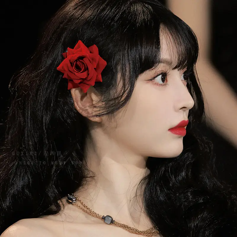 Tian Xiwei Red Rose Hair Clip French Vintage Flower Side Duckbill Clip for Women - Image 3