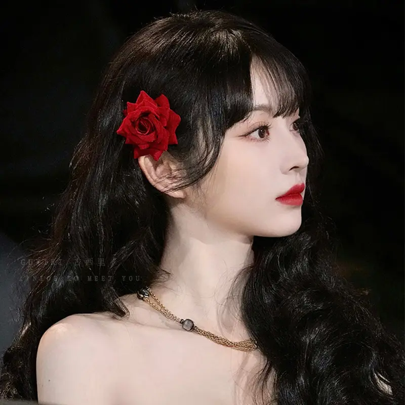 Tian Xiwei Red Rose Hair Clip French Vintage Flower Side Duckbill Clip for Women - Image 4