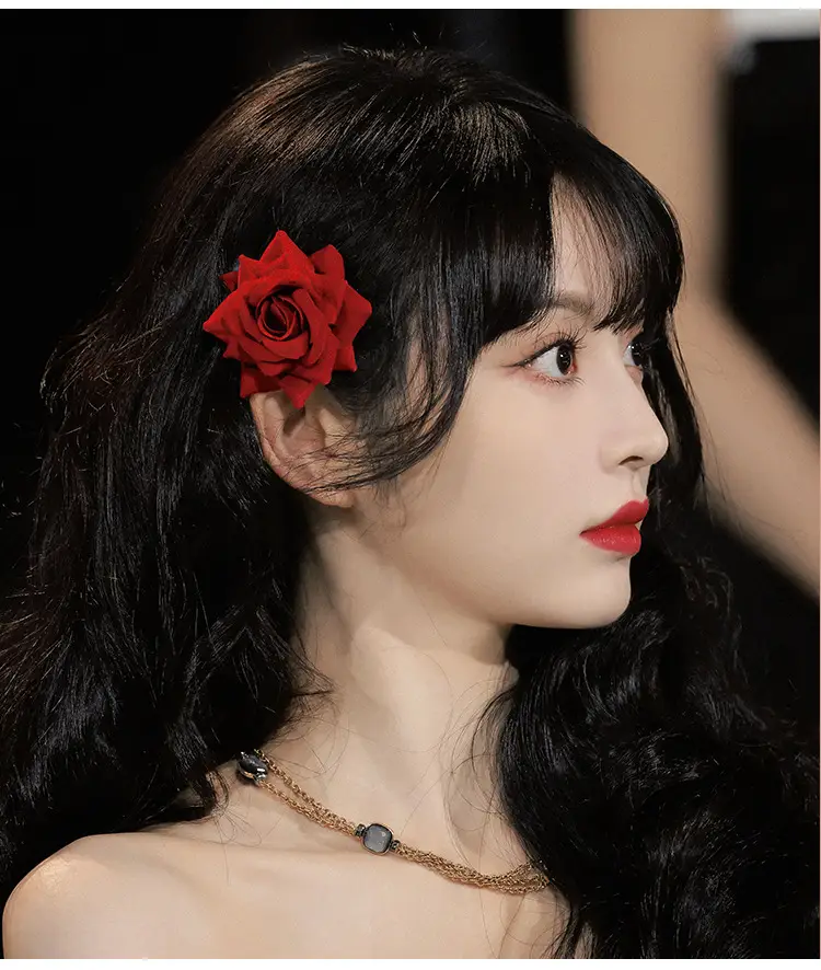 Tian Xiwei Red Rose Hair Clip French Vintage Flower Side Duckbill Clip for Women — feature 3