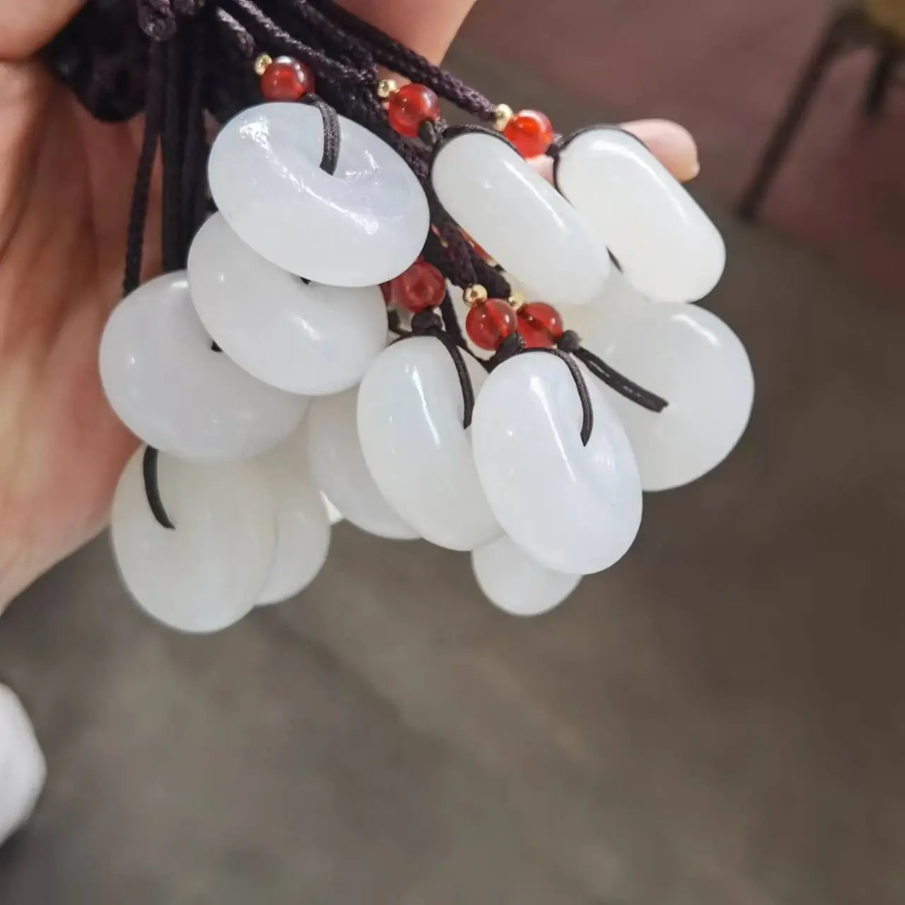 Natural Afghan Jade Ping An Buckle Necklace White Sheep with Red Beads - Image 3