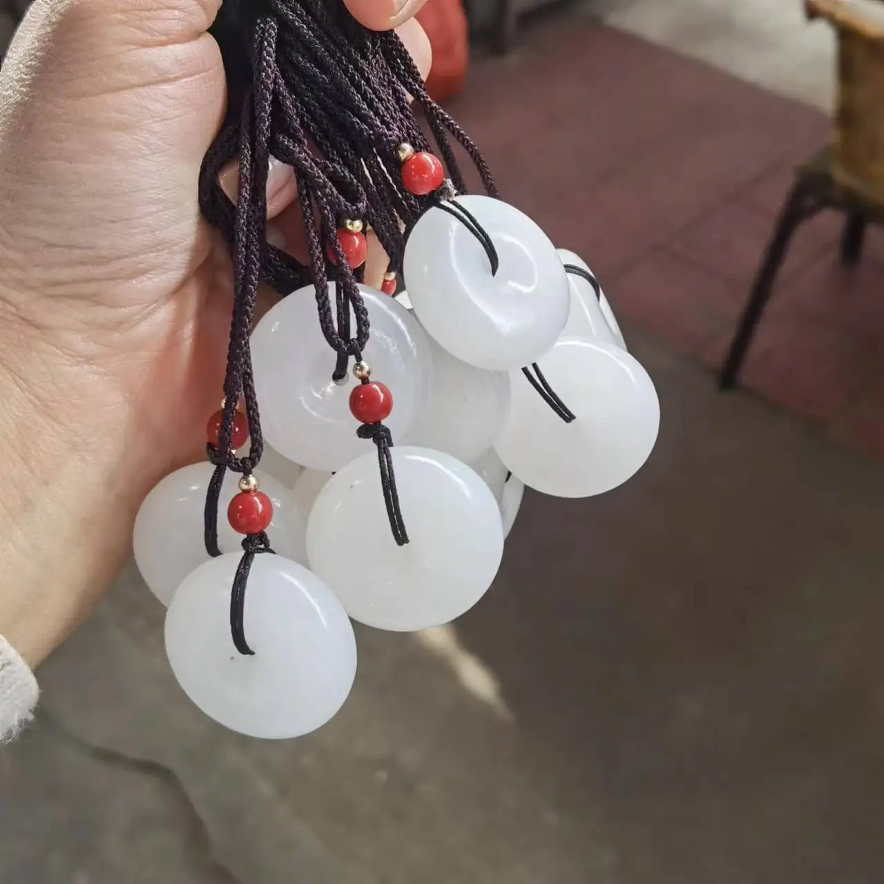 Natural Afghan Jade Ping An Buckle Necklace White Sheep with Red Beads - Image 4