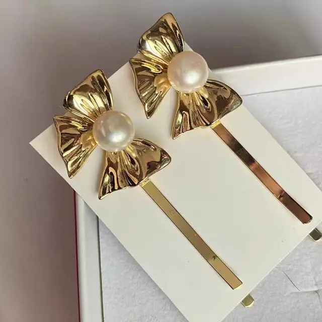 Golden Pearl Bow Hairpin for Women
