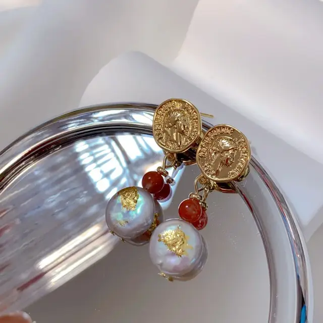 Vintage Figure Gold Earrings with Freshwater Pearl & Red Beads - Image 2