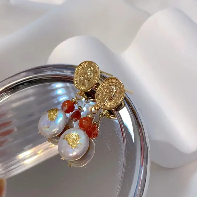 Vintage Figure Gold Earrings with Freshwater Pearl & Red Beads - Image 3