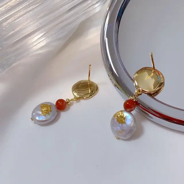 Vintage Figure Gold Earrings with Freshwater Pearl & Red Beads - Image 4
