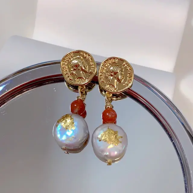 Vintage Figure Gold Earrings with Freshwater Pearl & Red Beads - Image 5