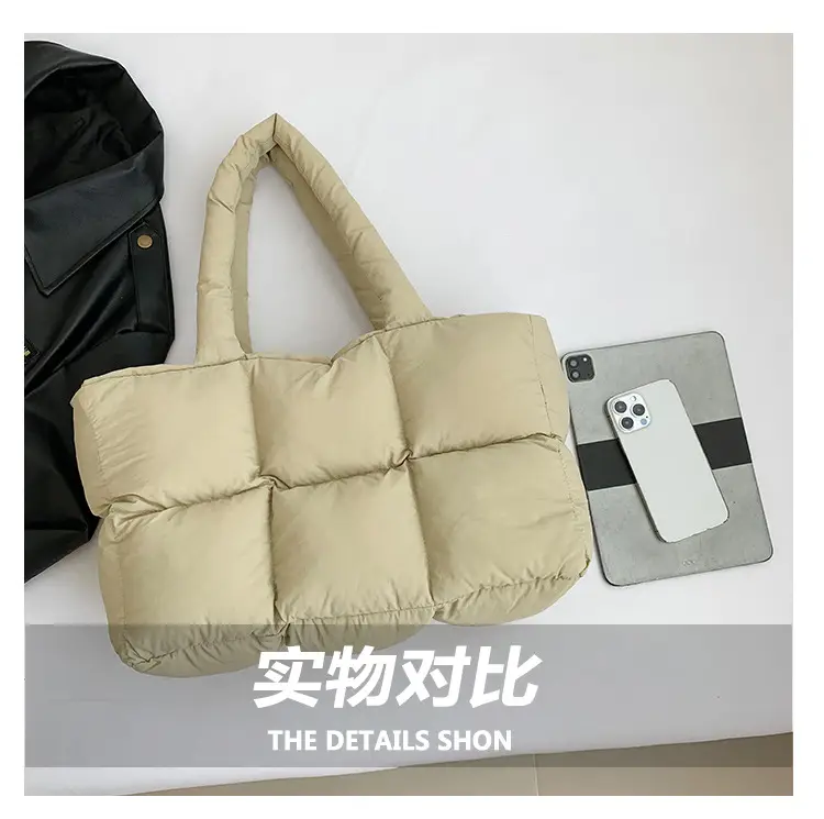 Women's Cross-Border Puffer Shoulder Bag Beige Large Capacity — feature 13