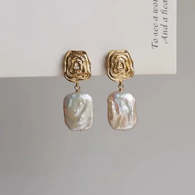 Pearl Earrings Square Geometric Silver Needle Korean Style - Image 2