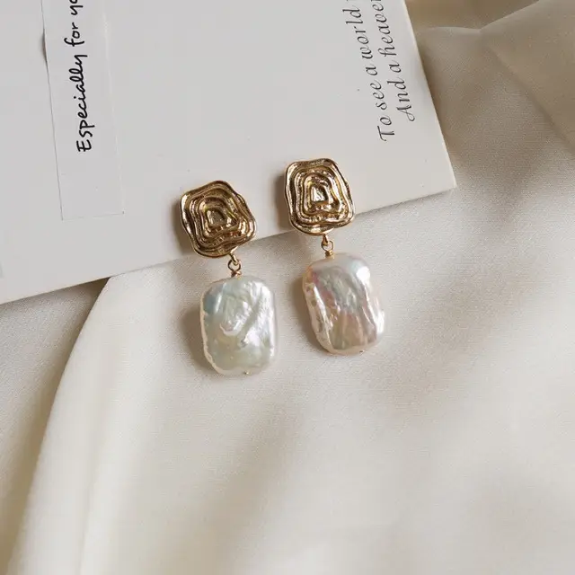 Pearl Earrings Square Geometric Silver Needle Korean Style - Image 3