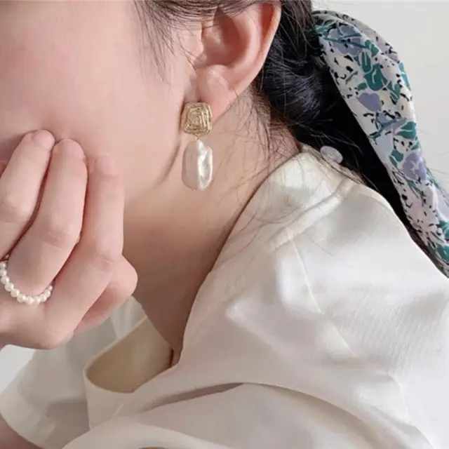 Pearl Earrings Square Geometric Silver Needle Korean Style - Image 4