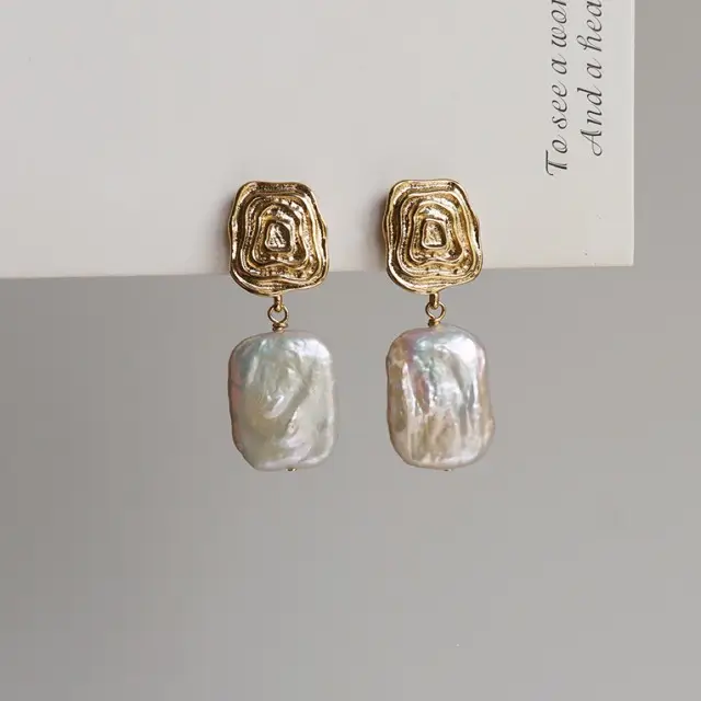 Pearl Earrings Square Geometric Silver Needle Korean Style - Image 5