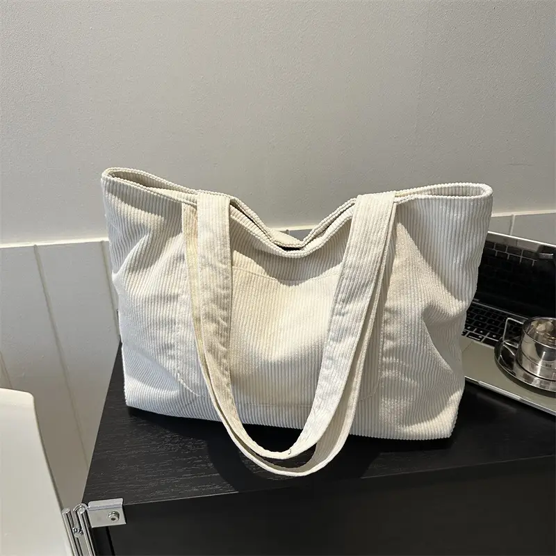 2025 White Corduroy Shoulder Bag Large Capacity Commuting Tote - Image 6