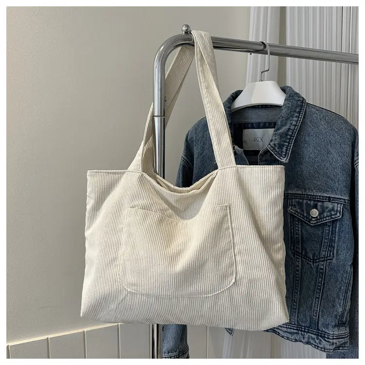 2025 White Corduroy Shoulder Bag Large Capacity Commuting Tote — feature 18