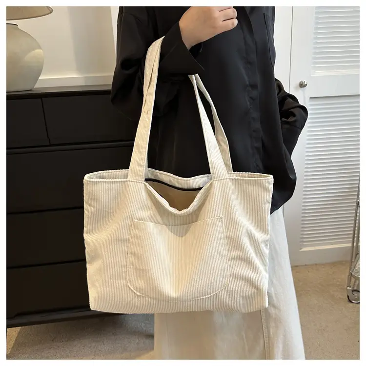 2025 White Corduroy Shoulder Bag Large Capacity Commuting Tote — feature 31