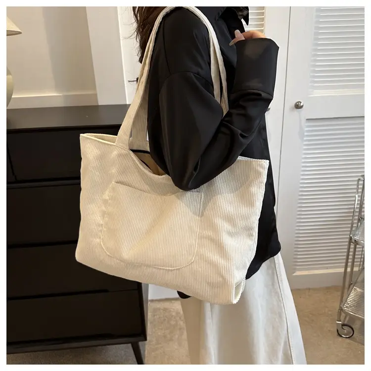 2025 White Corduroy Shoulder Bag Large Capacity Commuting Tote — feature 33