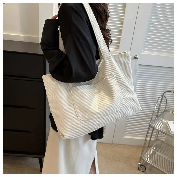 2025 White Corduroy Shoulder Bag Large Capacity Commuting Tote — feature 34